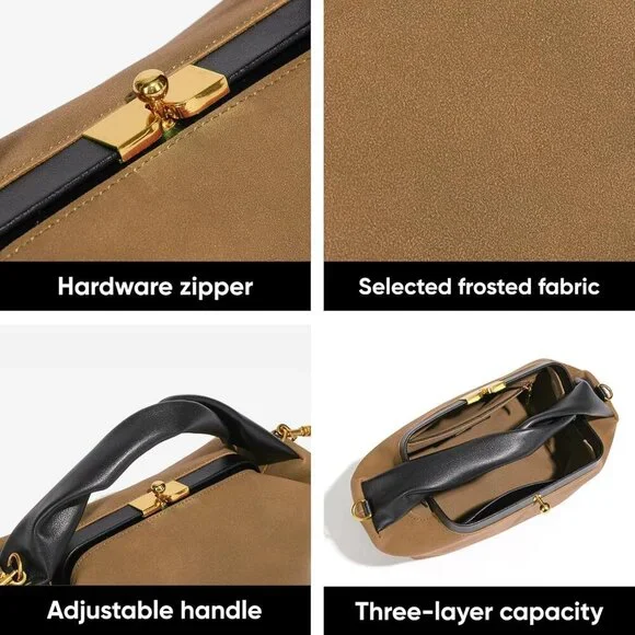 Women Khaki Faux Suede Shoulder Bag Slouchy Hobo Bag with Detachable Strap - Picture 5 of 6